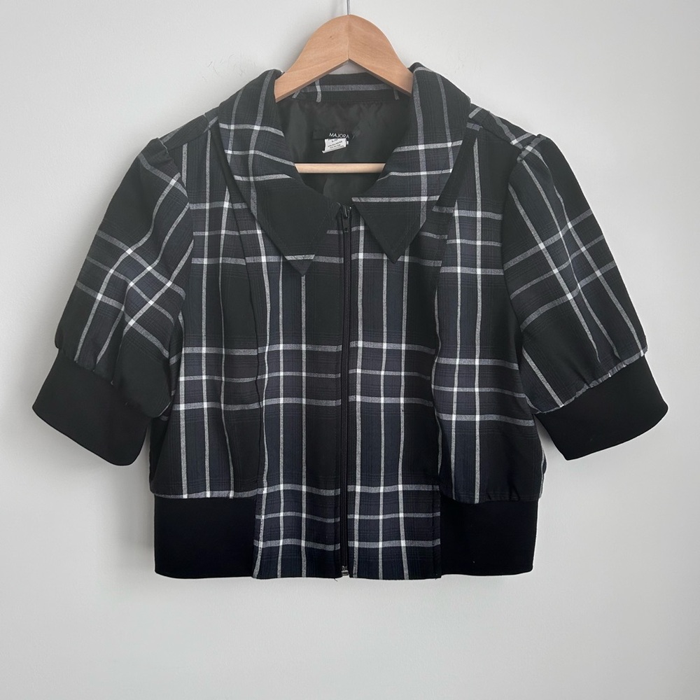 Black and White Plaid Zip Up Vintage Short Sleeve Blouse